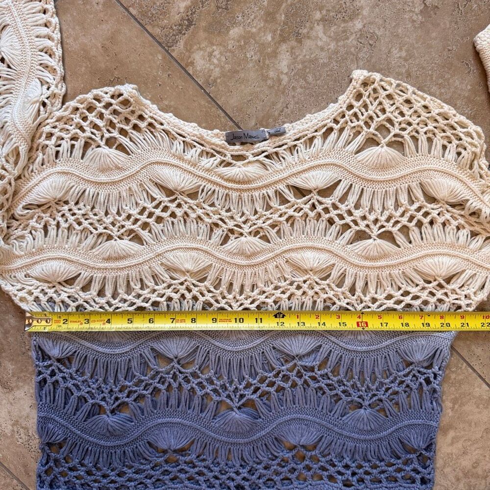 Jason Maxwell Crochet Top Large Beachy Boho Ombre Ivory Blue Vacation Coverup - Picture 9 of 10